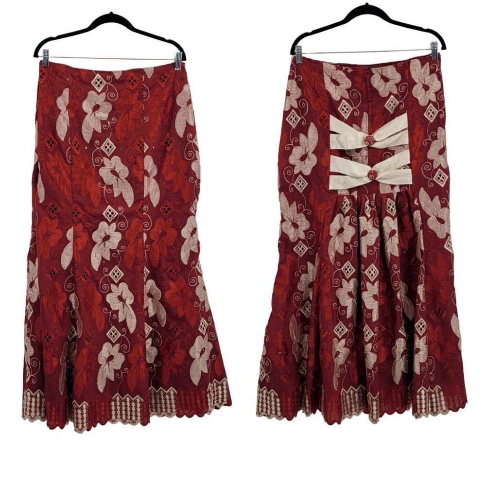 Handmade Maxi Skirt M Maroon Embroidered Mermaid Corset Back Scalloped Whimsical